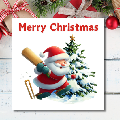 Santa Playing Cricket | Christmas Card