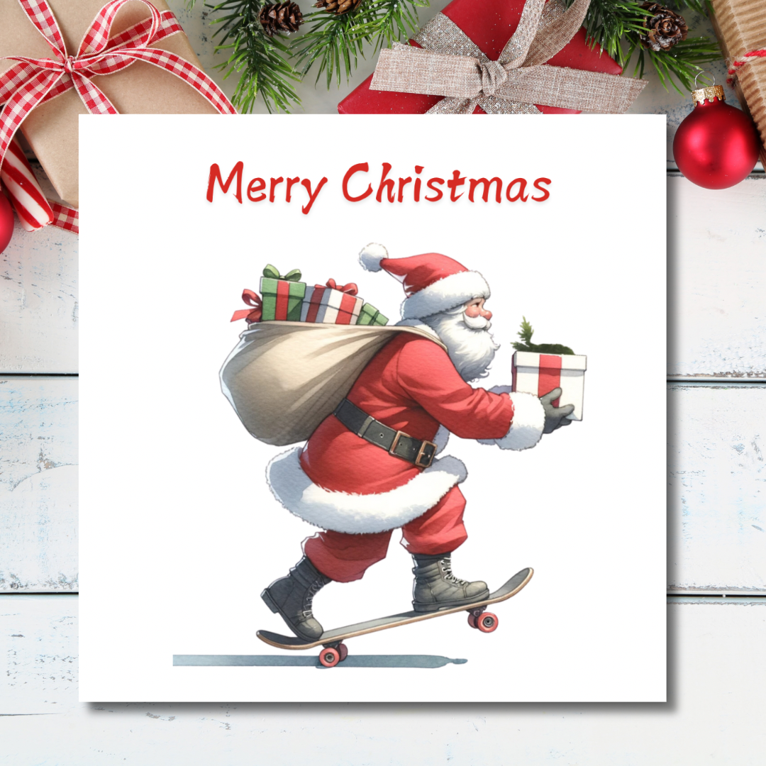 Santa on a skateboard | Plantable Seeded Christmas Card