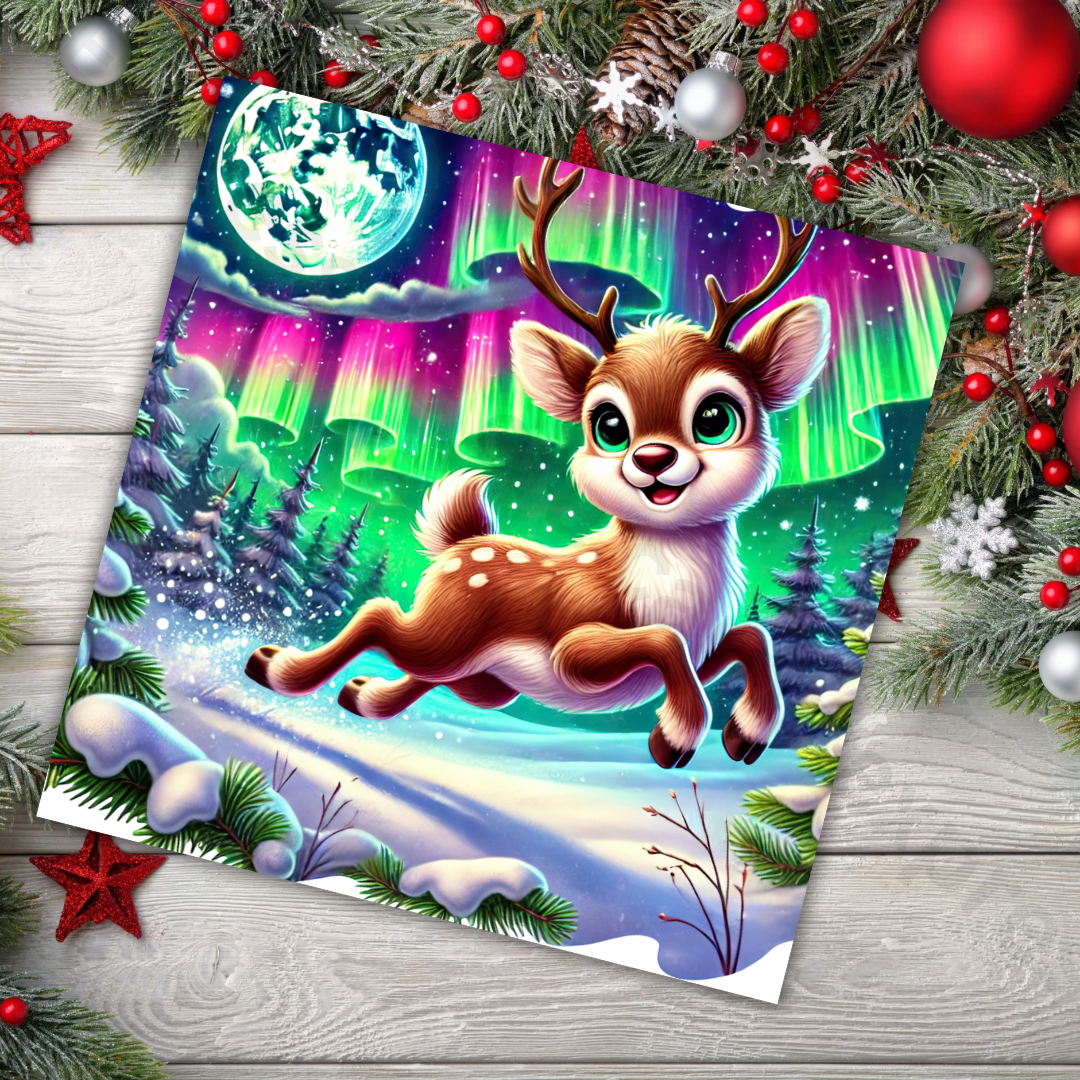 Reindeer and Northern Lights Christmas Card | Unique, Festive Merry Christmas Cards