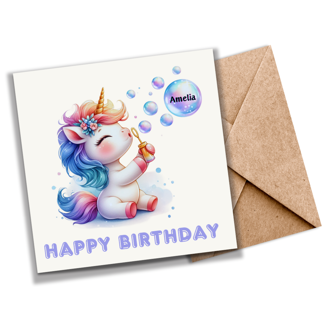 Personalised Unicorn Bubble Seed Greeting Card